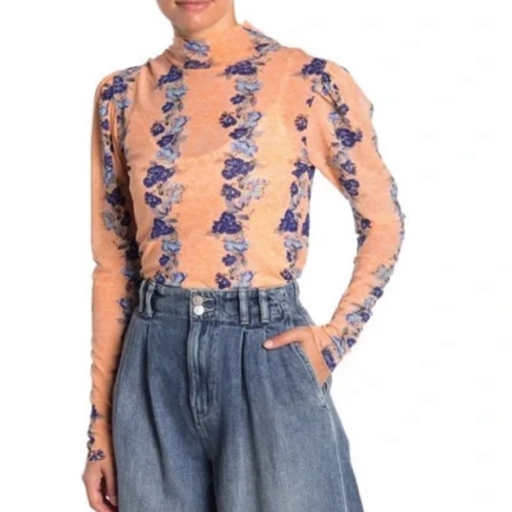 Free People Amber High Neck Sheer Top Orange Blue Floral Mesh Blouse Medium